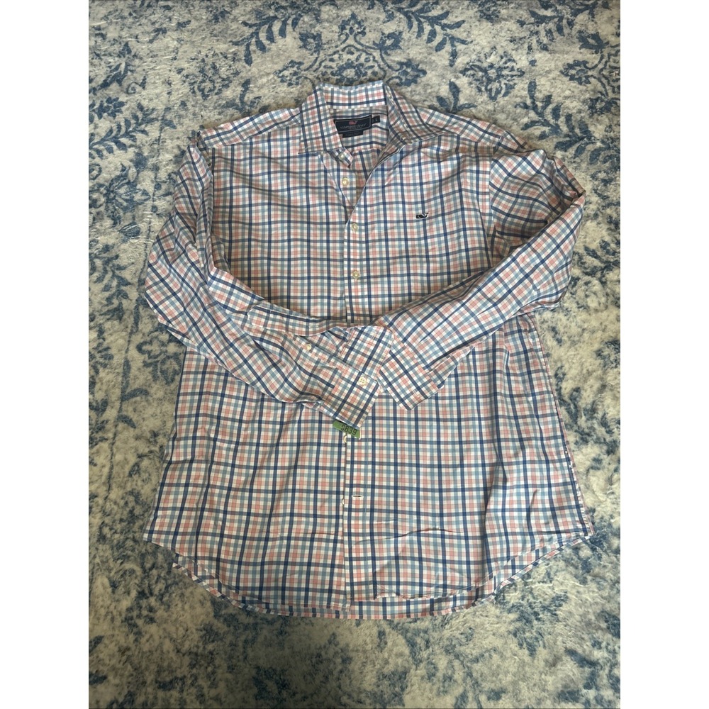 Vineyard Vines Performance Classic Fit Tucker Shirt L Pink White Checks Logo